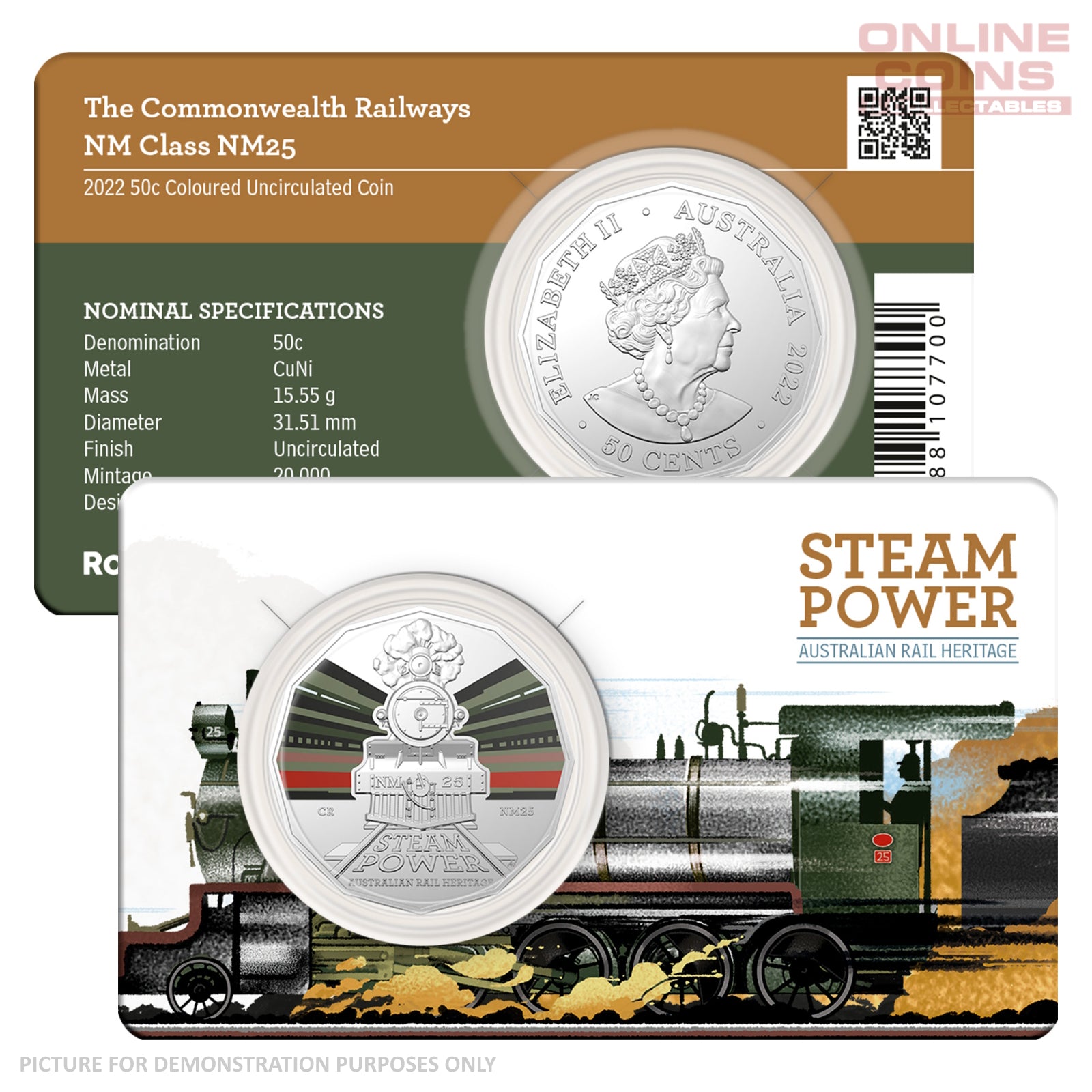 2022 50c CuNi Coloured Uncirculated Carded Coin – Commonwealth Railways NM Class NM25
